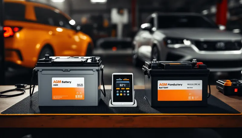 AGM and flooded car batteries compared beside a tester and the registration tool used on European cars