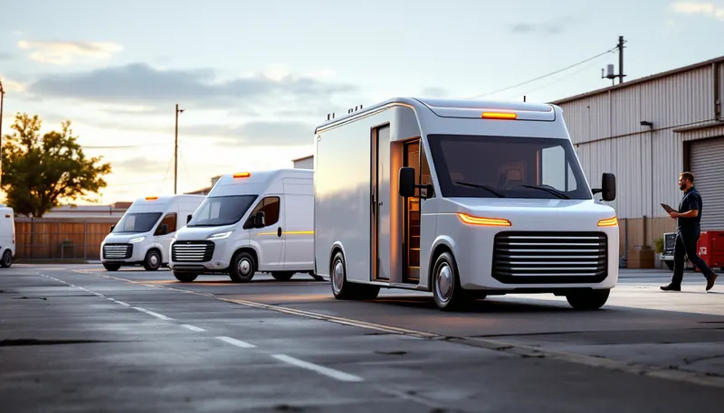 Small-business fleet of vans lined up for on-site service in a Dallas-Fort Worth yard at sunrise