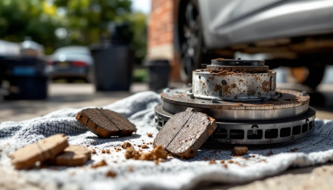 Worn and new brake pads compared beside a scored rotor on a Dallas driveway