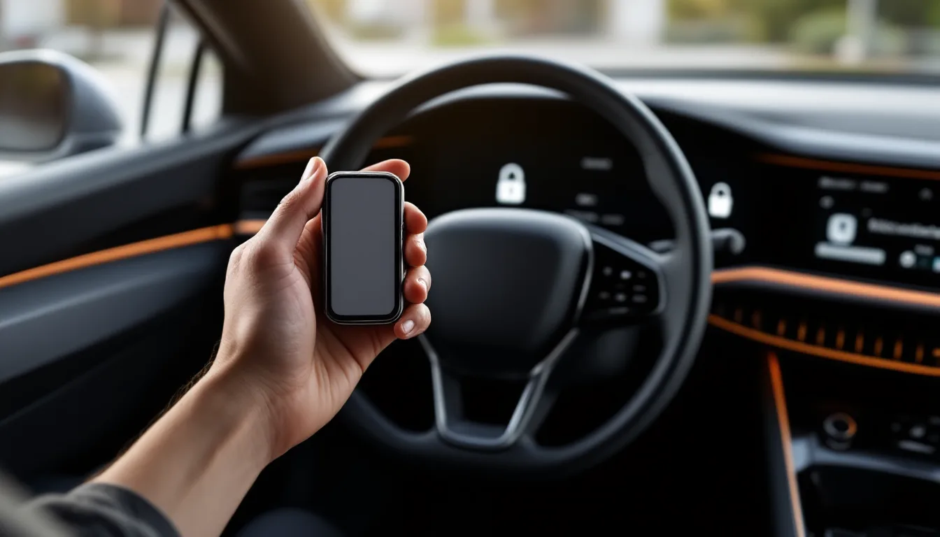 Blank smart key held beside the steering column of a sedan whose security light is flashing