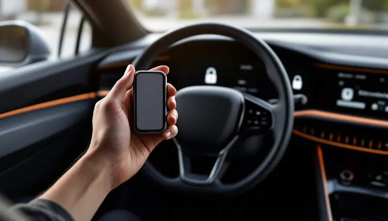 Blank smart key held beside the steering column of a sedan whose security light is flashing