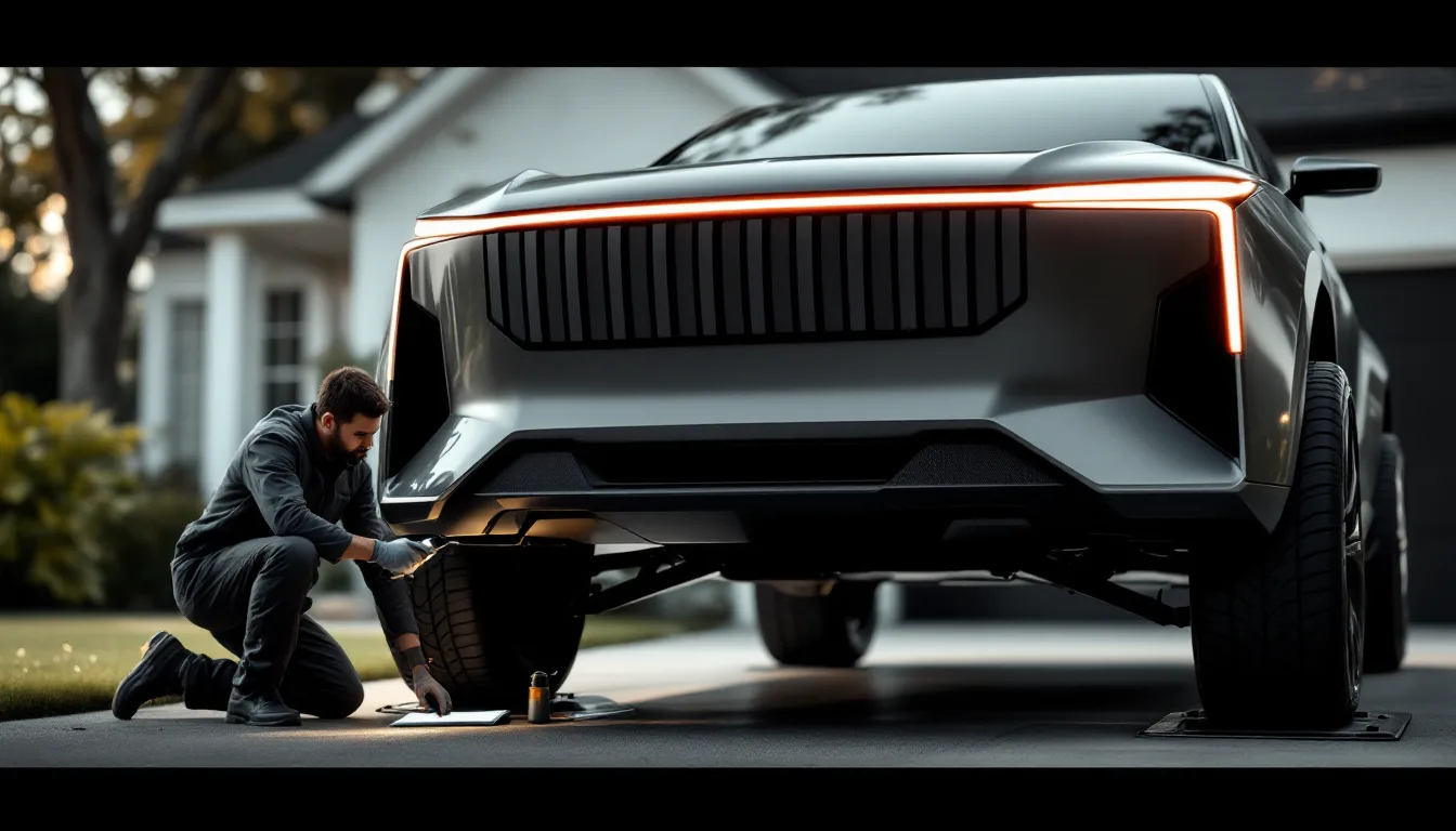 Technician inspecting the underside of a used SUV at a private seller's driveway before the buyer pays