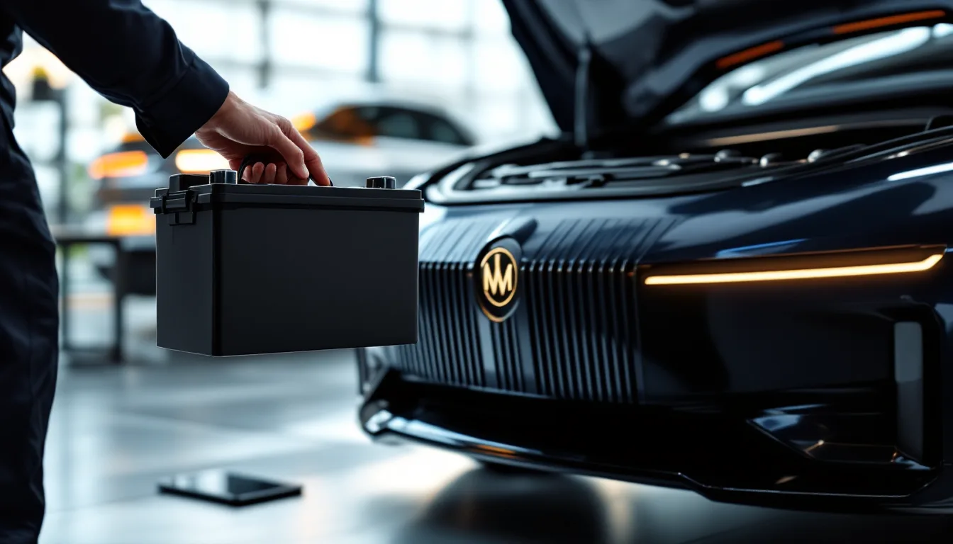New AGM battery being fitted and registered in the trunk of a German sedan in a Dallas office garage