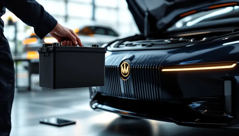 New AGM battery being fitted and registered in the trunk of a German sedan in a Dallas office garage