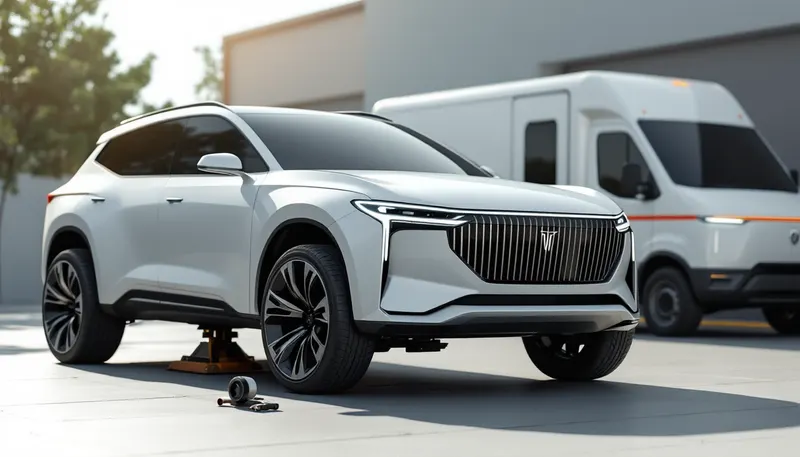 Brake rotor and pads being replaced on an SUV raised on a jack stand in a Dallas driveway