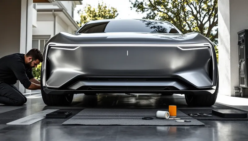 Oil draining into a sealed container under a sedan in a Dallas driveway during a mobile oil change