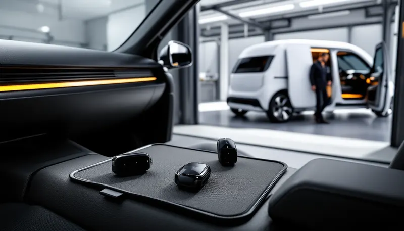 Smart key fobs and a programming interface on the console of a crossover being programmed in a Plano garage