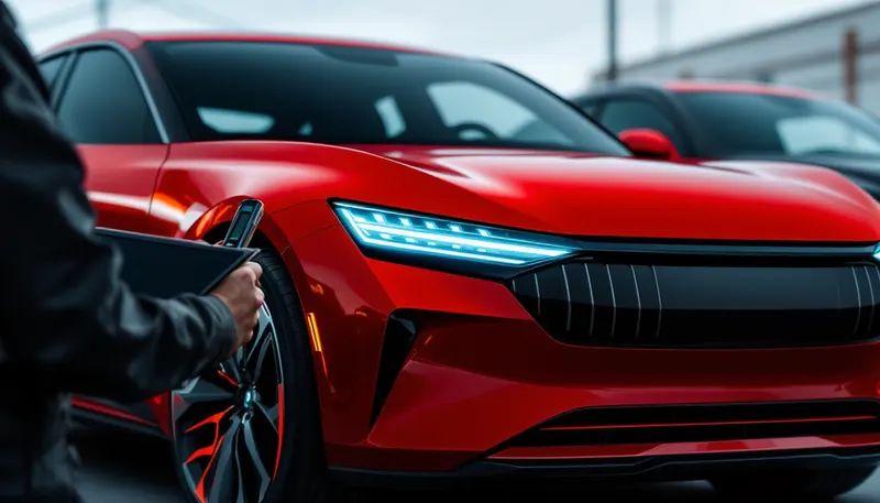 Technician checking paint thickness on a used sedan during a pre-purchase inspection at a Dallas dealer lot